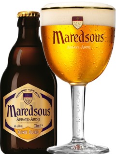 belgisches Bier Maredsous Blond in der 0,33 l Bierflasche mit vollem Bierglas
