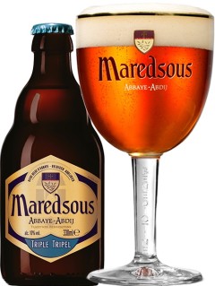 belgisches Bier Maredsous Tripel 10 in der 0,33 l Bierflasche mit vollem Bierglas
