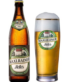 deutsches Bier Maxlrainer Helles in der 0,5 l Bierflasche mit gefülltem Bierglas