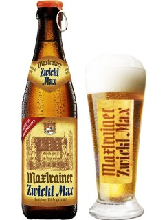 deutsches Bier Maxlrainer Zwickl Max in der 33 cl Bierflasche mit vollem Bierglas