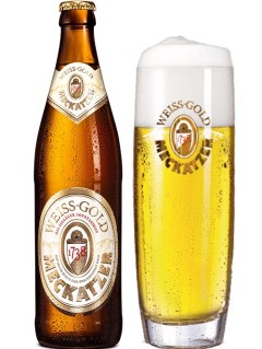 deutsches Bier Meckatzer Weiss-Gold in der 50 cl Bierflasche mit vollem Bierglas