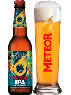 französisches Bier Meteor IPA India Pale Ale in der 0,25 l Bierflasche mit vollem Bierglas