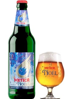 französisches Bier Meteor Noel 0,75 l Bierflasche mit vollem Bierglas