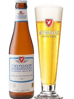 belgisches Bier Mongozo Buckwheat White in 0,33 l Bierflasche mit vollem Bierglas