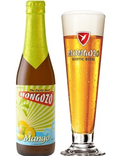 afrikanisches Bier Mongozo Mango in der 0,33 l Bierflasche mit vollem Bierglas
