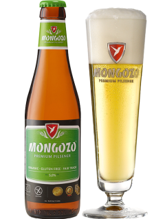 belgisches Bier Mongozo Premium Pilsener in der 0,33 l Bierflasche mit vollem Bierglas
