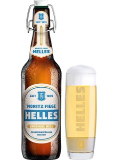 deutsches Bier Moritz Fiege Helles in 0,5 l Bierflasche mit vollem Bierglas