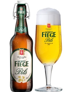 deutsches Bier Moritz Fiege Pils in der 0,33 l Bierflasche mit vollem Bierglas