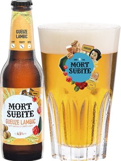 belgisches Bier Mort Subite Gueuze in 0,25 l Bierflasche mit vollem Bierglas