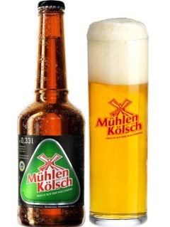 deutsches Bier Mühlen Kölsch in der 33 cl Bierflasche mit vollem Bierglas