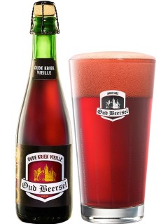 belgisches Bier Oud Beersel Oude Kriek Vielle 0,375 l Bierflasche mit vollem Bierglas
