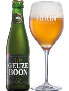 belgisches Bier Oude Geuze Boon in der 0,25 l Bierflasche mit vollem Bierglas