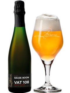 belgisches Bier Oude Geuze Boon a l'ancienne VAT 86 Mono Blend in der 375 ml Bierflasche mit vollem Bierglas