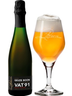 belgisches Bier Oude Geuze Boon a l ancienne VAT 91 Mono Blend in der 375 ml Bierflasche mit vollem Bierglas