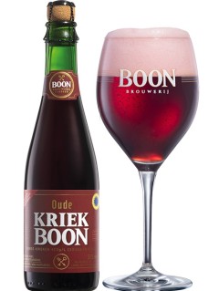 belgisches Bier Oude Kriek Boon in der 0,375 l Bierflasche mit vollem Bierglas