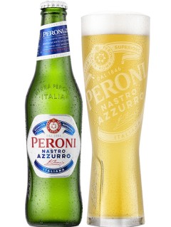 italienisches Bier Peroni Nastro Azzurro in der 0,33 l Bierflasche mit vollem Bierglas