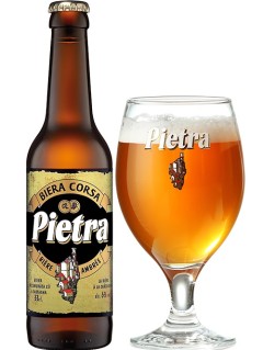 korsisches Bier Pietra Maronen-Bier in der 0,33 l Bierflasche mit vollem Bierglas