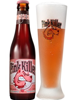 belgisches Bier Pink Killer in der 25 cl Bierflasche mit vollem Bierglas
