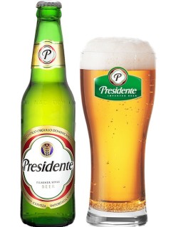 dominikanisches Bier Presidente Pilsener in der 0,33 l Bierflasche mit vollem Bierglas