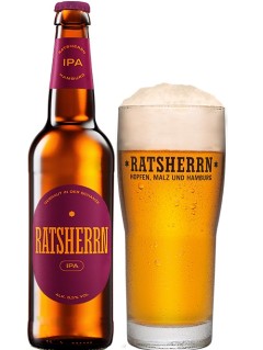 deutsches Bier Ratsherrn IPA in der 0,33 l Bierflasche mit vollem Bierglas