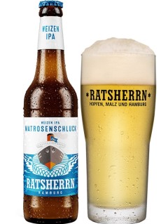deutsches Bier Ratsherrn Matrosenschluck Oat White IPA in der 33 cl Bierflasche mit vollem Bierglas