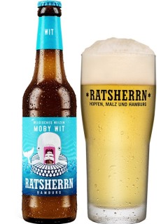 deutsches Bier Ratsherrn Moby Wit Belgian White Ale in der 33 cl Bierflasche mit vollem Bierglas