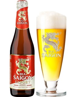 vietnamesisches Bier Saigon Export in der 33 cl Bierflasche mit vollem Bierglas