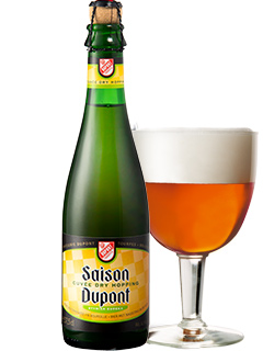 belgisches Bier Saison Dupont Dry Hopping in der 375ml Bierflasche mit Korkverschluss und gefülltem Bierglas
