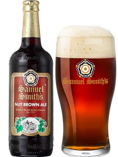 englisches Bier Samuel Smith Nut Brown Ale in der 35 cl Bierflasche mit vollem Bierglas