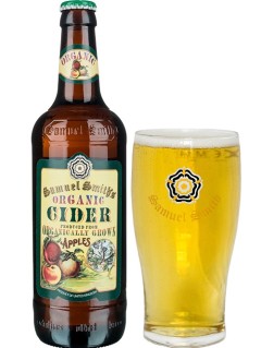 englischer Cider Samuel Smith's Organic Cider 0,55 l Flasche mit vollem Glas