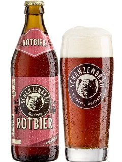 deutsches Bier Schanzenbraeu Rotbier in 0,5 l Bierflasche mit vollem Bierglas