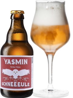 deutsches Bier Schneeeule Yasmin in der 33 cl Bierflasche mit gefülltem Bierglas