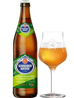 deutsches Bier Schneider Weisse Tap 05 Hopfenweisse Weizendoppelbock in der 0,5 l Bierflasche mit vollem Bierglas