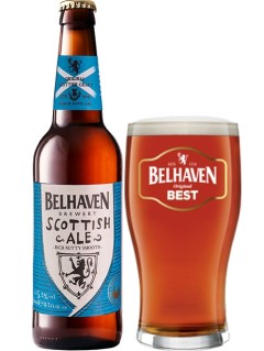 schottisches Bier Belhaven Scottish Ale in der 33 cl Bierflasche mit gefülltem Bierglas
