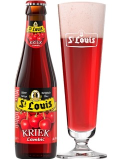 belgisches Bier St Louis Kriek Lambic Kirschbier in der 0,25 l Bierflasche mit vollem Bierglas