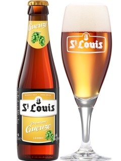 belgisches Bier St Louis Premium Gueuze in der 0,25 l Bierflasche mit vollem Bierglas