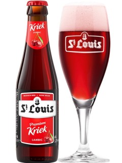 belgisches Bier St Louis Premium Kriek  in der 0,25 l Bierflasche mit vollem Bierglas
