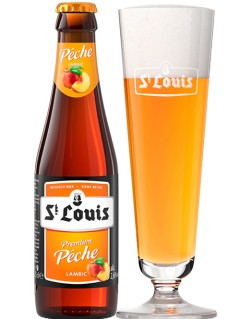 belgisches Bier St Louis Premium Peche in der 0,25 l Bierflasche mit vollem Bierglas