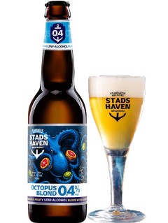 niederländisches Bier Stads Haven Octopus Blond 0,4 % in der 0,33 l Bierflasche mit vollem Bierglas