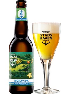 holländisches Bier Stadshaven Moray IPA Non Alcoholic in der 0,33 l Bierflasche mit vollem Bierglas