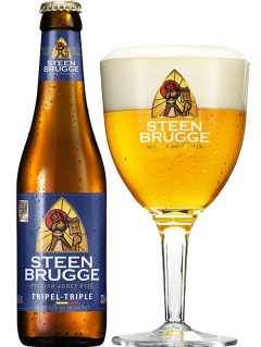 belgisches Bier Steen Brugge Tripel in der 33 cl Bierflasche mit Glas