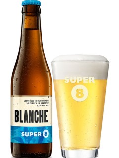 belgisches Bier Super 8 Blanche in der 33 cl Bierflasche mit vollem Bierglas