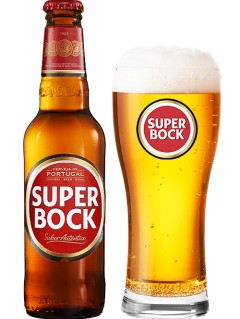 portugiesisches Bier Super Bock in der 0,33 l Bierflasche mit vollem Bierglas