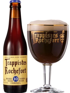 belgisches Bier Trappistes Rochefort 10 in der 33 cl Bierflasche mit vollem Bierglas