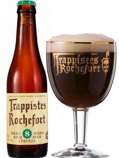 belgisches Bier Trappistes Rochefort 8 in der 33 cl Bierflasche mit vollem Bierglas