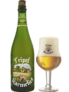 belgisches Bier Tripel Karmeliet in der 75 cl Bierflasche mit vollem Bierglas