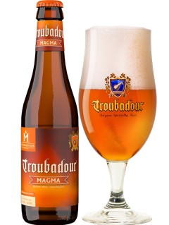 belgisches Bier Troubadour Magma in der 0,33 l Bierflasche mit vollem Bierglas