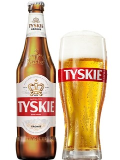 polnisches Bier Tyskie Gronie in der 0,5 l Bierflasche mit vollem Bierglas