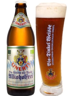 Deutsches Bier Unertl Bio Weisse Dinkel Alkoholfrei in der 0,5 l Bierflasche mit vollem Bierglas