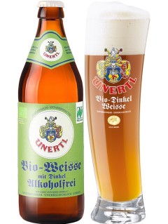 Deutsches Bier Unertl Bio Weisse Dinkel Alkoholfrei in der 0,5 l Bierflasche mit vollem Bierglas